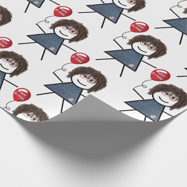 Papel De Presente Stick Girl Com Balão Vermelho De Aniversário (Ponta)
