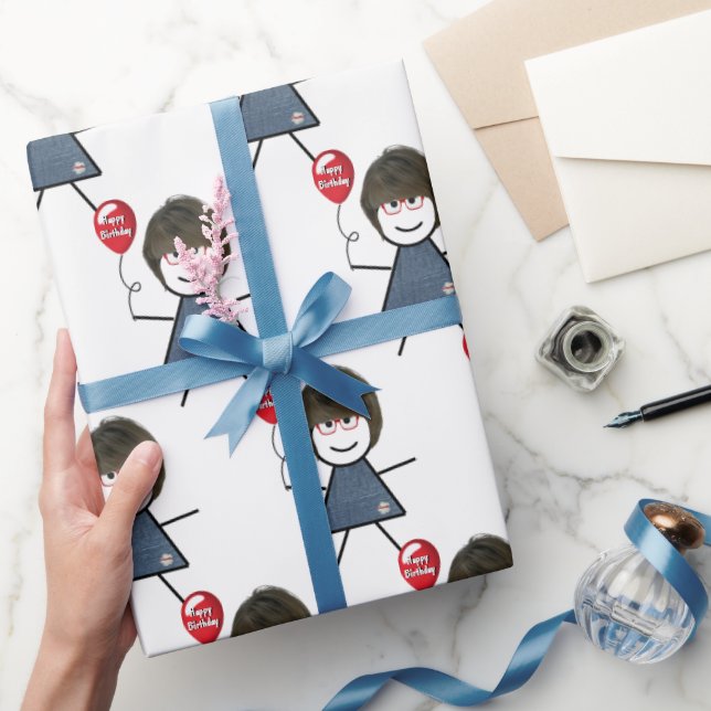 Papel De Presente Stick Girl Com Balão Vermelho De Aniversário (Presentear)