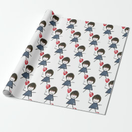Papel De Presente Stick Girl Com Balão Vermelho De Aniversário