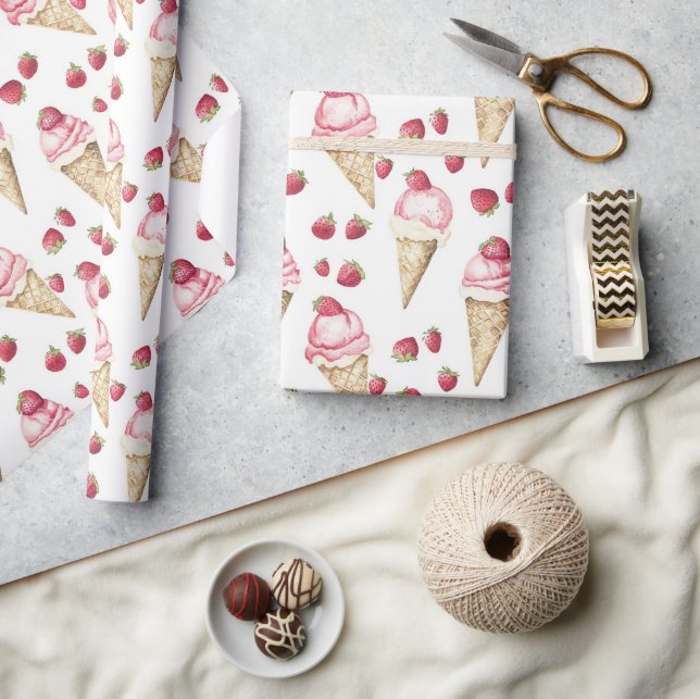 Papel De Presente Strawberries Ice Cream Cones Birthday (Artesanato)