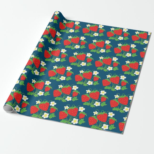 Papel De Presente Strawberry and Flowers Pattern Blue (Desenrolado)