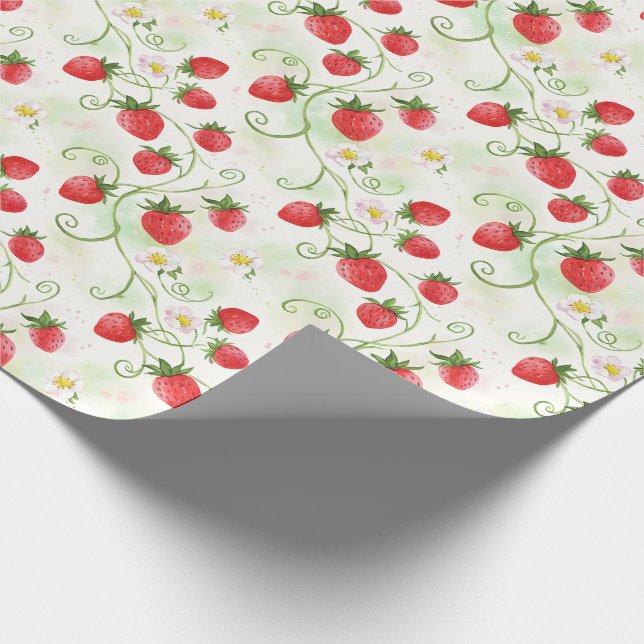 Papel De Presente Strawberry Blossoms and Berries Watercolor Style (Ponta)