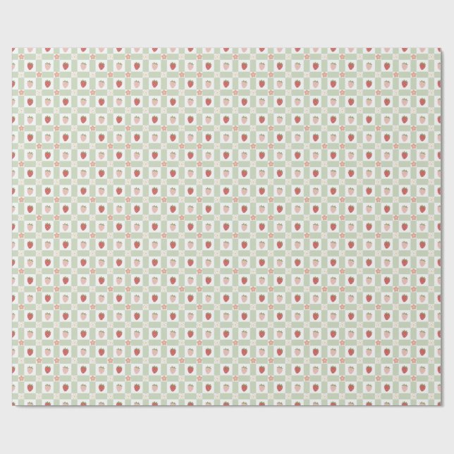 Papel De Presente Strawberry Gingham Pastel Green 1st Birthday (Aberto)