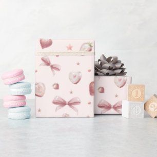 Papel De Presente Strawberry Hearts Pink Ribbon Stars