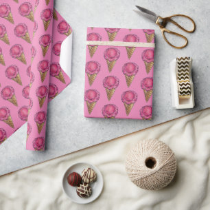 Papel De Presente Strawberry Pink Sorvete Waffle Cone Scoop