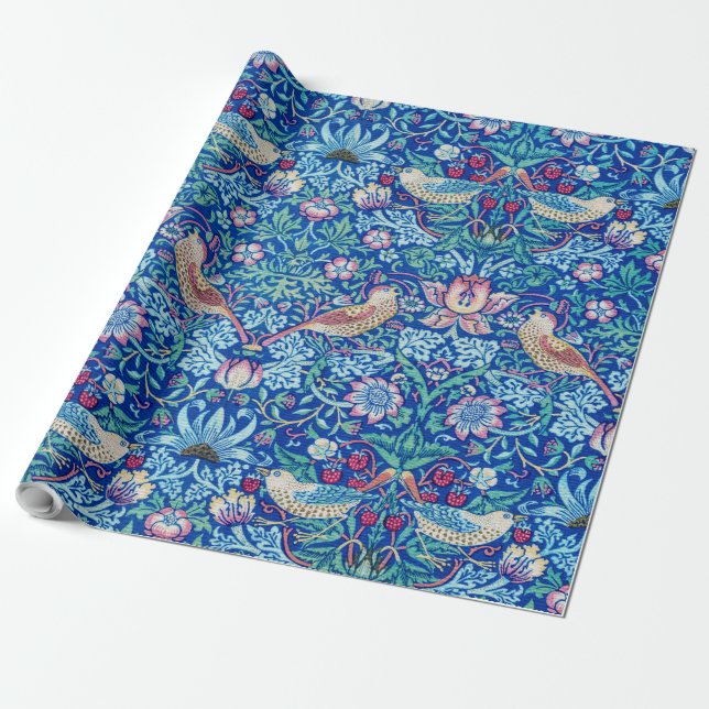 Papel De Presente Strawberry Thief Blue, William Morris Wrapping Pap (Desenrolado)