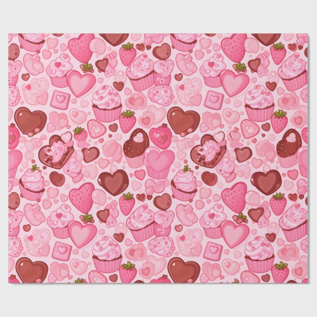 Papel De Presente Strewberry Heart Cupcake Valentine Seamless (Aberto)