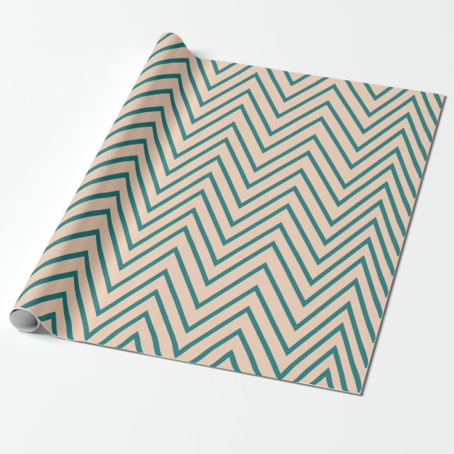 Papel De Presente Stripe de Chevron Azul Peach (Desenrolado)