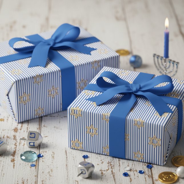 Papel De Presente Striped Bright Blue Jewish Gold Star of David (Elegant Modern Striped Blue & White Jewish Gold Star of David Mazel Tov & Hanukkah Wrapping Paper)