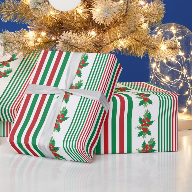Papel De Presente Stripes Clássicas com Holly (Feriados)