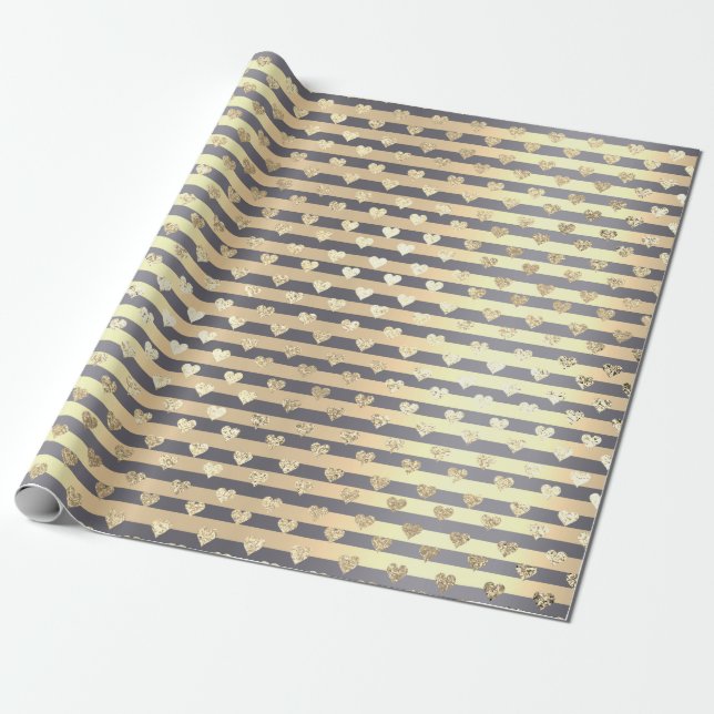 Papel De Presente Stripes Corações Corações Champaigne Cinza Dourada (Desenrolado)