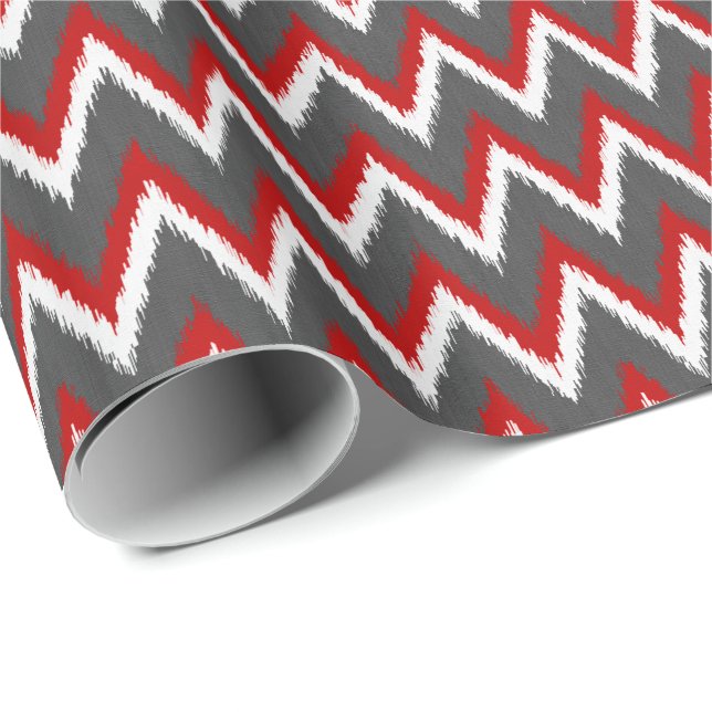 Papel De Presente Stripes Ikat Chevron - Vermelho, Branco e Cinzas / (Ponta do rolo)