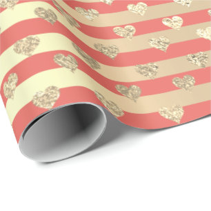 Papel De Presente Stripes Linhas Corações Champaigne Dourada Peach C