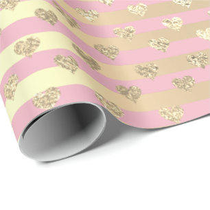 Papel De Presente Stripes Linhas Corações Dourado Pastel Rosa 
