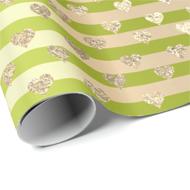 Papel De Presente Stripes Linhas Corações Verde limão Dourado (Ponta do rolo)