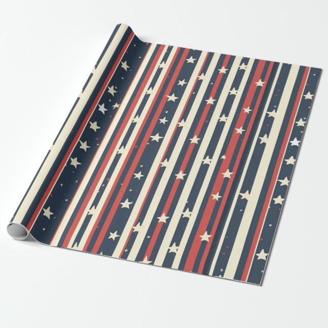 Papel De Presente Stripes Vermelhos, Brancos e Azuis com Estrelas (2 (Desenrolado)