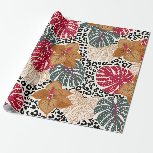 Papel De Presente Stylish beautiful tropical forest print on leopard (Desenrolado)