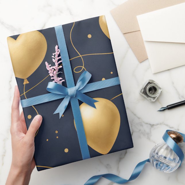 Papel De Presente Stylish Navy Blue & Gold Balloons Birthday (Presentear)