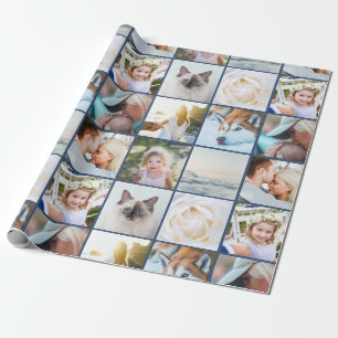 Papel De Presente Sua Colagem de Grade Personalizada de Foto Azul Na