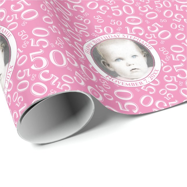 Papel De Presente Sua Foto | 50.o Padrão Aleatório Rosa (Ponta do rolo)