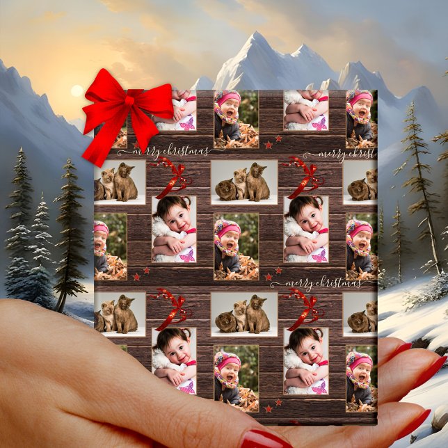 Papel De Presente Suas Fotos Madeira Escura Natal Festivo (Christmas wrapping paper with your 3 photos on dark rustic wood with festive ribbons and stars)