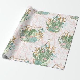 Papel De Presente Suculentas Brilhantes Rosa Primavera e Hortelã