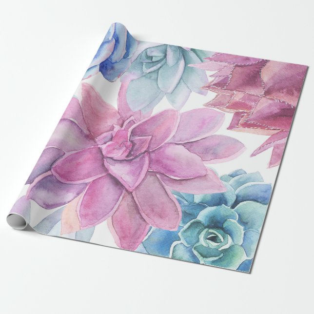 Papel De Presente Suculentas Moderno Chic Branco Floral Jardim Fiest (Desenrolado)