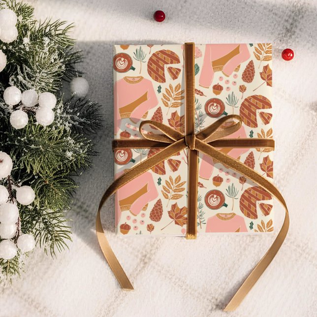 Papel De Presente Suéter de Natal Xadrez de Pinhas Rosa e Marrom Aco (Criador carregado)