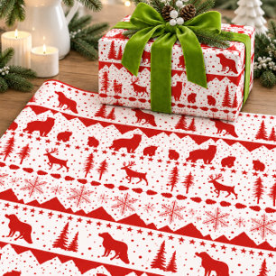 Papel De Presente Suéter Nórdico Vermelho Animais de Inverno Branco