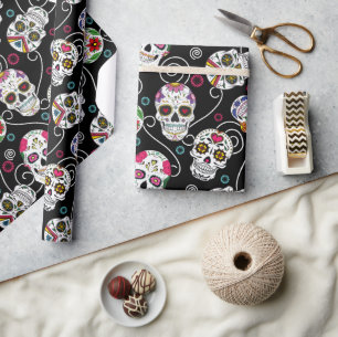 Papel De Presente Sugar Skulls and Swirls Black ID725