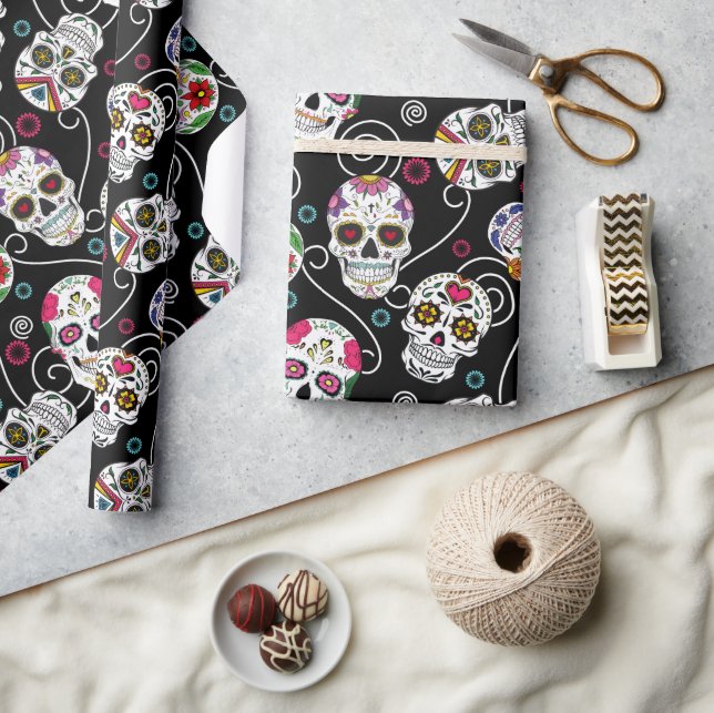 Papel De Presente Sugar Skulls and Swirls Black ID725 (Artesanato)
