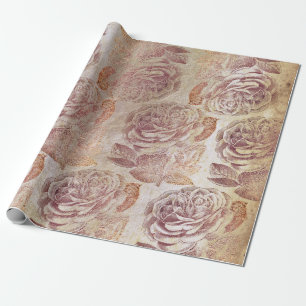 Papel De Presente Sujo velho floral metálico Dourado do rosa do ros