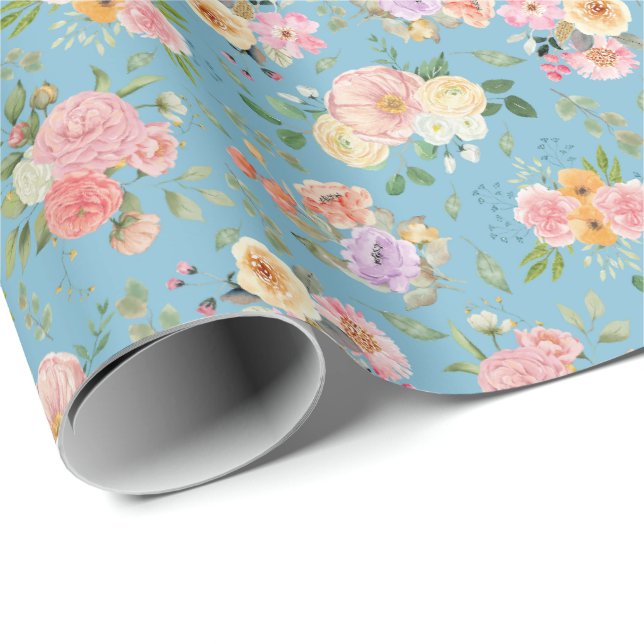 Papel De Presente Summer Boho Floral em Azul (Ponta do rolo)