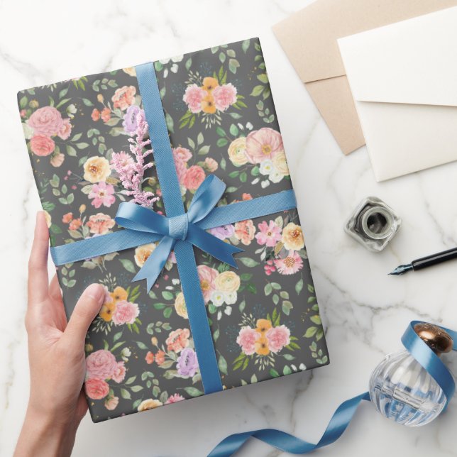 Papel De Presente Summer Boho Floral em Cinzas Escuras (Presentear)