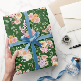 Papel De Presente Summer Boho Floral em Verde Escuro