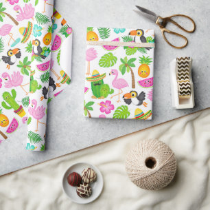 Papel De Presente Summer Tropical Toucan e Flamingo Pattern