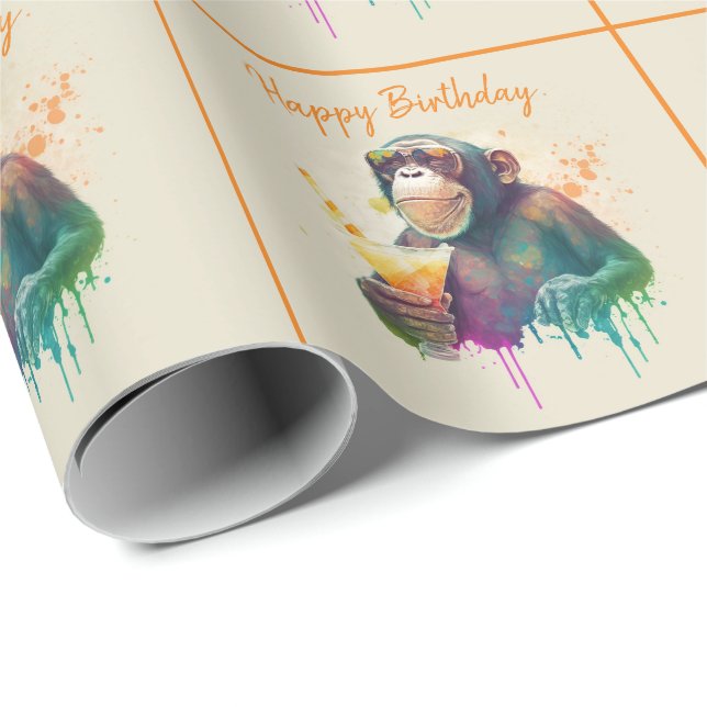 Papel De Presente Summer Vibes Watercolor Monkey - Feliz Aniversário (Ponta do rolo)