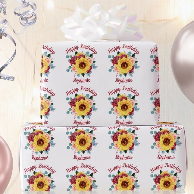 Papel De Presente Sunflower Floral Personalizado Feliz Aniversário (Criador carregado)