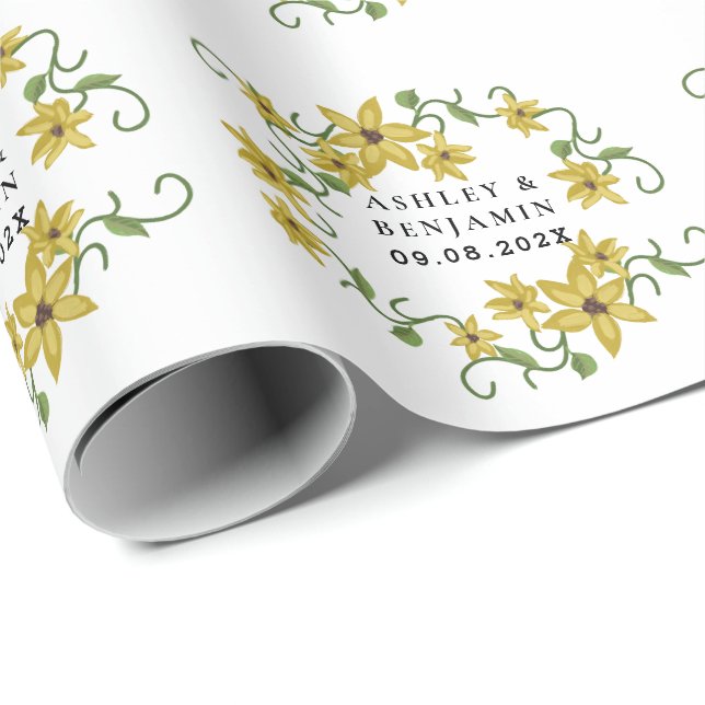 Papel De Presente Sunflower Yellow Floral Botanical Hand drawn Oil  (Ponta do rolo)