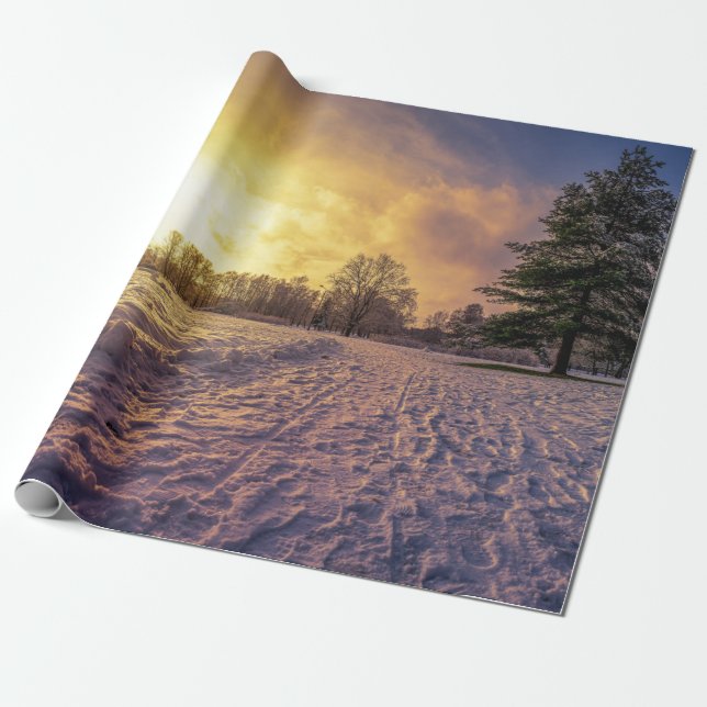Papel De Presente Sunset sobre o parque de inverno de neve (Desenrolado)