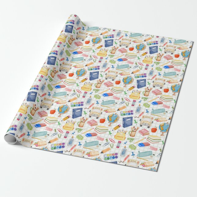 Papel De Presente Suprimentos de Aquarela para Volta às Aulas (Desenrolado)