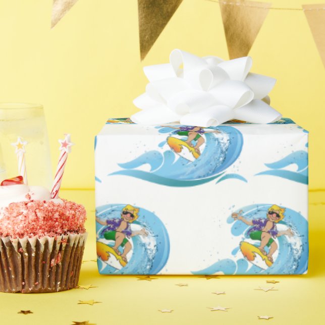 Papel De Presente Surfer na onda azul (Festa de aniversário)
