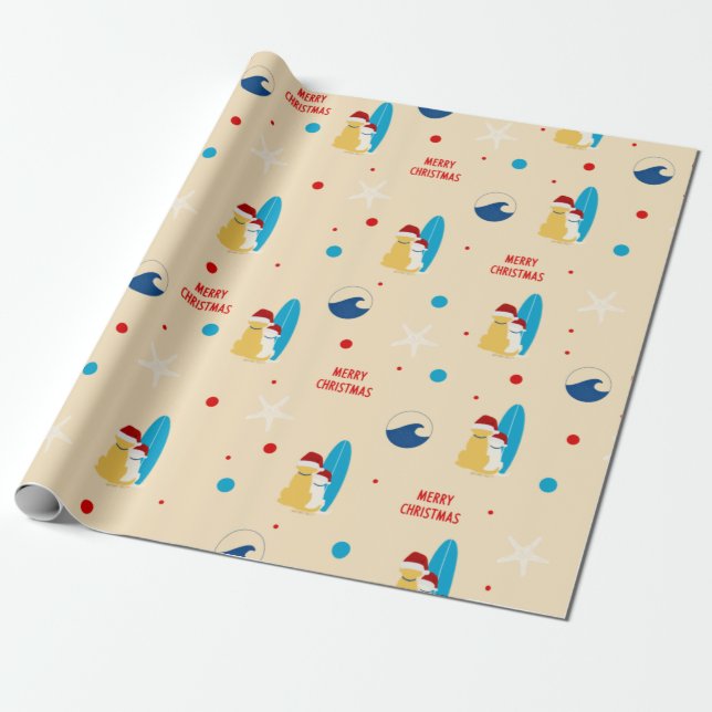 Papel De Presente Surfing Beach Dog Christmas Holiday Gift Wrap (Desenrolado)