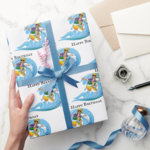 Papel De Presente Surfista de Aniversário na Onda Azul