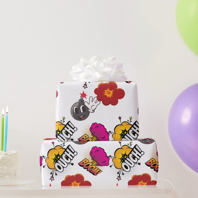 Papel De Presente Surto de Arte Pop de Quadrinhos Ai Presente Branco (Criador carregado)
