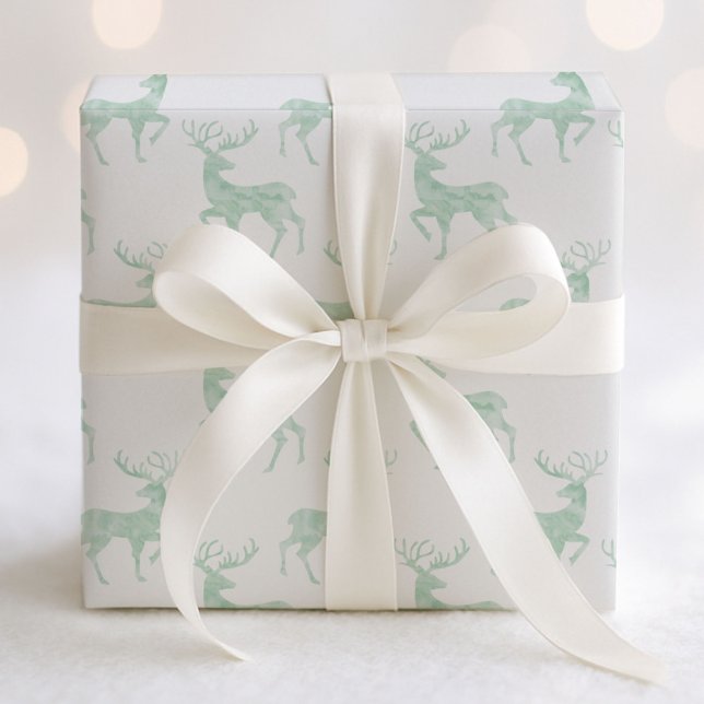 Papel De Presente Sutil Mint Green Watercolor Reindeer (Criador carregado)