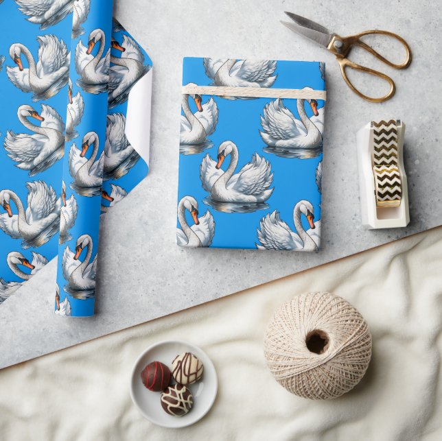 Papel De Presente Swan Birds Pattern Design On Blue  (Artesanato)