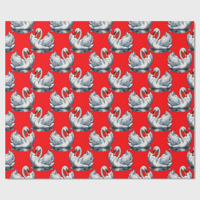 Papel De Presente Swan Birds Pattern Design on Red (Aberto)