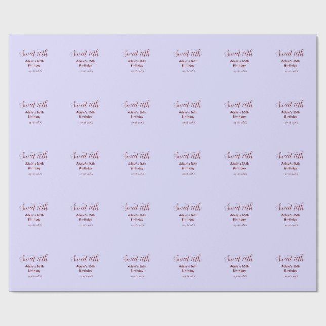 Papel De Presente Sweet 16th birthday purple pastel mauve retro name (Aberto)