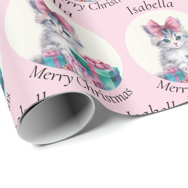 Papel De Presente Sweet Christmas Kitten Big Pink Bow Add Name (Ponta do rolo)